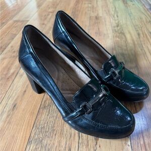 Office Siren Black Leather Chunky Heel Loafers